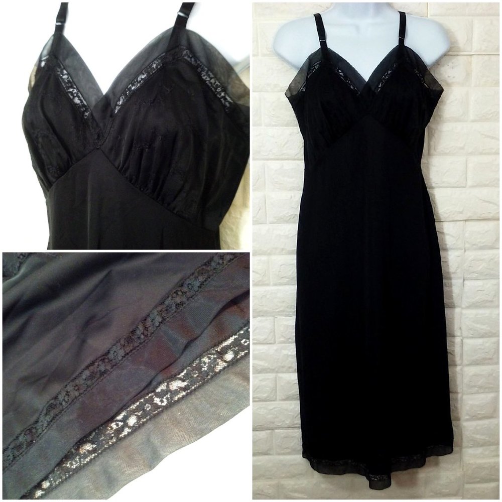 Vintage 50s Shadowline Full Slip-Dress 34-Tall Fitted Princess Lace Sheer Trim